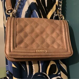 Bebe Tan Quilted Crossbody Bag with Gold Accents